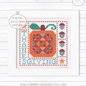 Thanksgiving Cross Stitch Pattern Chart, Pumpkin Crossstitch, Counted Cross Stitch Autumn, Acorn Cross Stitch, Quilt Block Cross Stitch PDF