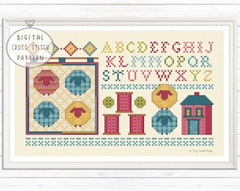 Counted Cross Stitch Quilt Pattern, Cross Stitch Sheep, Cross Stitch Sampler Design, Country Cross Stitch, Alphabet Sampler, CrossStitch PDF