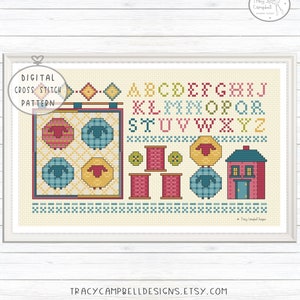 Counted Cross Stitch Quilt Pattern, Cross Stitch Sheep, Cross Stitch Sampler Design, Country Cross Stitch, Alphabet Sampler, CrossStitch PDF