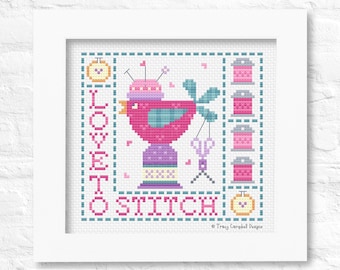 Love to Stitch Counted Cross Stitch Pattern, Typography Cross-Stitch, Cross Stitch Bird Chart, Thimble Cross Stitch Design, XStitch Sewing