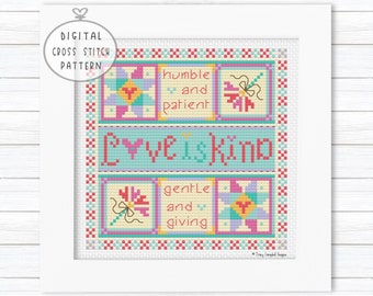 Love Counted Cross Stitch Pattern, Cross Stitch Quilt Sampler, Country Stitches, Geometric Cross Stitch Chart, Typography Stitch, Hearts PDF