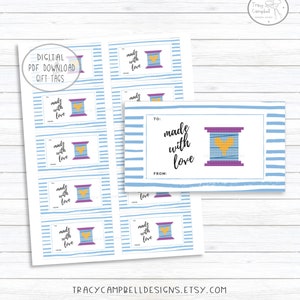 Made with Love Aufkleber Tags, Kreuzstich druckbare Geschenkanhänger für Geschenke, ein Geschenk vom Anhänger, Nähanhänger für handgemachte Gegenstände, Faden Geschenkanhänger