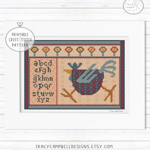 Rooster Cross Stitch Pattern, Alphabet Sampler Embroidery, Primitive Stitching, Farmhouse Stitches, Quaker Cross Stitch, Cross Stitch Farm