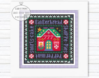 Gingerbread Shoppe Pies Peppermint Swirls Cake Beginner Cross Stitch Christmas Series, Counted Cross Stitch Gingerbread House Pattern 3