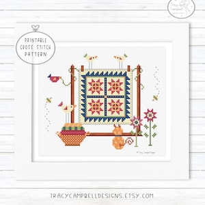 A Quilters Garden Laundry Party Counted Cross Stitch Pattern, Cross Stitch Geometric Hanging Quilt, Country Cross Stitch Chart Printable