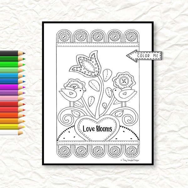 Love Blooms Coloring, Color Birds, Coloring Tulips, Inspirational Coloring Sheet, Folk art Coloring Page, Garden Coloring