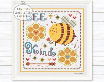 Bee Kind Counted Cross Stitch Printable Pattern, Bee Cross Stitch Chart, Honeycomb Cross Stitch, Bumblebee Cross Stitch Pattern PDF