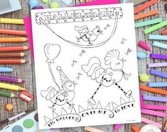 Hallelujah Birds Parade Party Coloring Page, Christian Bible Verse Instant PDF Download