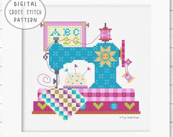 Sewing Machine Counted Cross-Stitch, Mini Sampler Crosstitch PDF, Craft Room Crossstitch