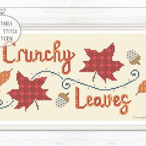 Crunchy Leaves Counted Cross Stitch Pattern: Plaid Fabric Look Autumn Maple Leaf PDF