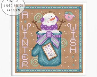 Mitten Snowman Counted Cross-Stitch, Primitive Cross stitcher, Winter Friendship Crosstitch PDF