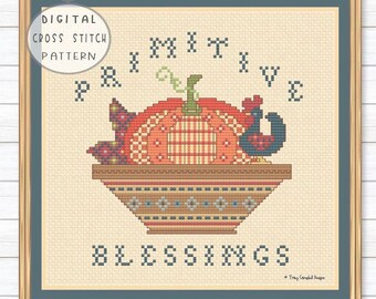 Primitive Autumn Blessings Counted Cross-Stitch PDF, Plaid Pumpkin Crosstitch, Rooster Crossstitch, Dough Bowl Stitchery