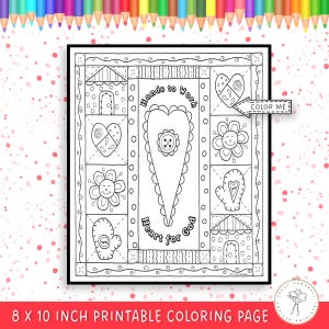 May include: Black and white printable coloring page, 8 x 10 inches, featuring a heart, flowers, houses, and mittens. The text includes "Hands to Work", "Heart for God", and "Color Me".