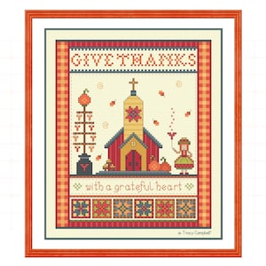 Patrón primitivo de punto de cruz contado "Dar gracias con un corazón agradecido" en PDF