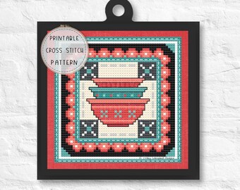 Pyrex Mixing Bowls Cross stitching PDF, Geometric Kitchen Cross Stitch for Quilters