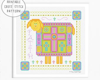 Folk Art Ewe of Faith Schaf PDF Kreuzstich-Muster: Religiöses Lamm