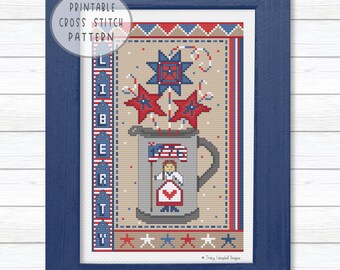 Patriotic Counted Cross-Stitch, Lady Liberty Cross Stitching, Primitive 1776 Stitchery