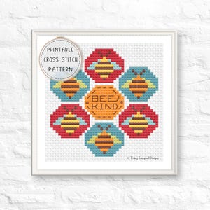 Bee Kind Honey Bees Counted Cross Stitch, Cross-Stitch Bee Typography Pattern, Cross Stitch Bumble Bee Chart, Cross Stitch Honeycomb DIY PDF