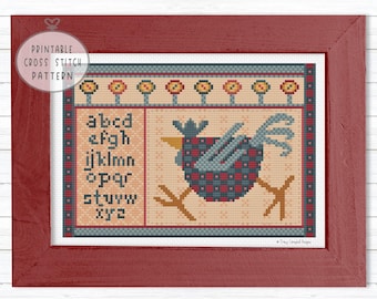 Rooster Sampler Cross-Stitch Pattern, Primitive Farmhouse PDF