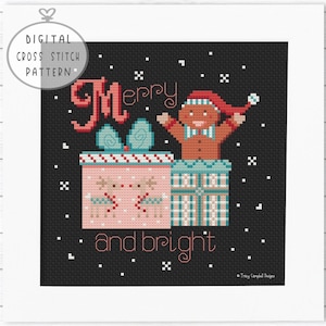 Merry & Bright Xmas Crossstitch Pattern,  Gingerbreadman and Gift Boxes PDF