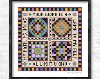 Amish Quilt Cross-Stitch, Scripture Cross Stitch, Geometric Counted Cross-Stitch, Quilter Cross Stitch, Bible Verse Christian Cross Stitch