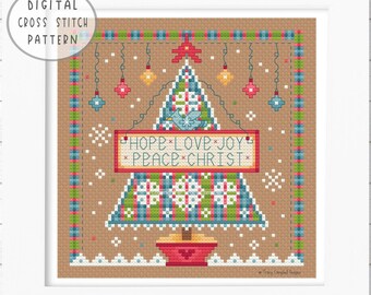 Advent Counted Cross-stitch, Quilted Tree Crossstitch, Xmas Joy Stitchery PDF, Primitive Christian Cross Stitcher