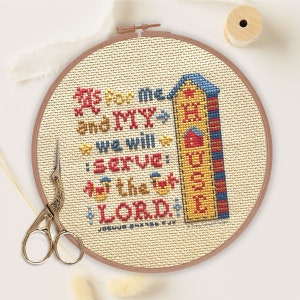As for Me and My House Counted Cross Stitch Pattern, Typography Bible Cross-Stitch, Cross Stitch Chicken Rooster, Scripture Cross Stitch image 1
