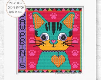 Paw Prints Counted Cross Stitch Kitty Cat Folk Art PDF Pattern