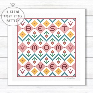 Best Mom Ever Tulip Quilt Block Counted Cross Stitch, Geometric Quilters CrossStitch PDF, Beginner Flower Cross-Stitch, Crossstitching Quilt