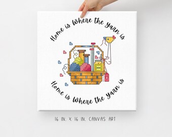 Home is Where the Canvas Wall Art, Knitter Canvas Quote Art, One-of-a-Kind Knitting Art, Watercolor Cross-Stitch Canvas ArtWork