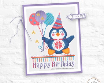 Happy Birthday Penguin Counted Cross Stitch PDF, Crossstitch Balloons, Party Hat Stitchery Pattern