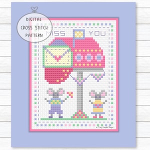 May include: A digital cross stitch pattern featuring a pink mailbox with a letter inside, the text MISS YOU, and two grey mice standing below. The design includes pastel colors, a decorative border, and a circular label reading DIGITAL CROSS STITCH PATTERN.