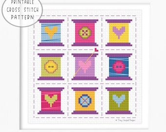 Spools of Thread Counted Cross-Stitch, Buttons and Hearts Crossstitch, Cross Stitcher Quilt PDF