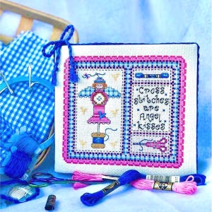 DIY Cross Stitches are Angel Kisses Counted Cross-Stitch Quote Chart, Crossstitch DMC Floss Bobbin Scissors Doll with Quilted Wings PDF