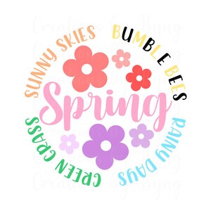 Puede incluir: Un gráfico rosa y blanco con la palabra "Primavera" en el centro rodeado de un círculo de palabras coloridas que incluyen "Ciel soleado", "Abejas zumbadoras", "Días lluviosos" y "Hierba verde".