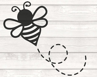 May include: Black and white illustration of a bee flying with a dotted line trail behind it. The bee has a striped body and two antennae.