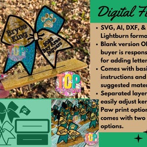 Könnte beinhalten: Eine digitale Datei in Form einer glitzernden teal- und goldfarbenen Schleife mit dem Text "Bryce King" und "2025 Bay Area Jaguars". Die Schleife hat einen Pfotenabdruck und sitzt auf einer goldenen Basis. Der Text "Digital File" ist ebenfalls sichtbar.