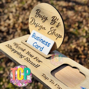 Placa de vendedor de tampo de mesa de madeira com slot para leitor de cartão quadrado | Genérico ou personalizado com nome comercial