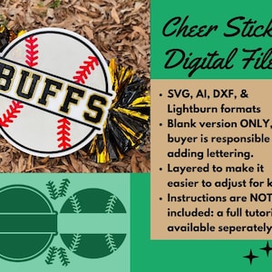 Split Baseball Cheer Stick Design File (SVG, DXF, AI, Lightburn) Lettering/Mascot Not Included