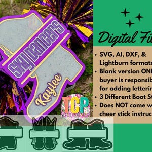 Puede incluir: Un archivo digital con un diseño de bota de animadora con los textos "Sky Dancers" y "Kaylee". El diseño es en morado, dorado y purpurina plateada. El archivo incluye formatos SVG, AI, DXF y Lightburn. Hay tres estilos de botas diferentes disponibles.