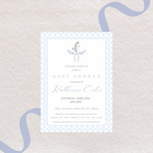 Blue Bow Invitation / baby shower invitation / digital / printable baby shower / watercolor stork / stork / it’s a boy shower invitation /