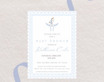 Blue Bow Invitation / baby shower invitation / digital / printable baby shower / watercolor stork / stork / it’s a boy shower invitation /
