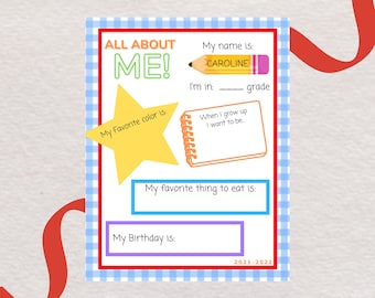 All About Me Printable | All About Me Digital | First Day Of School Download | All About Me Download | Children’s School Keepsake |