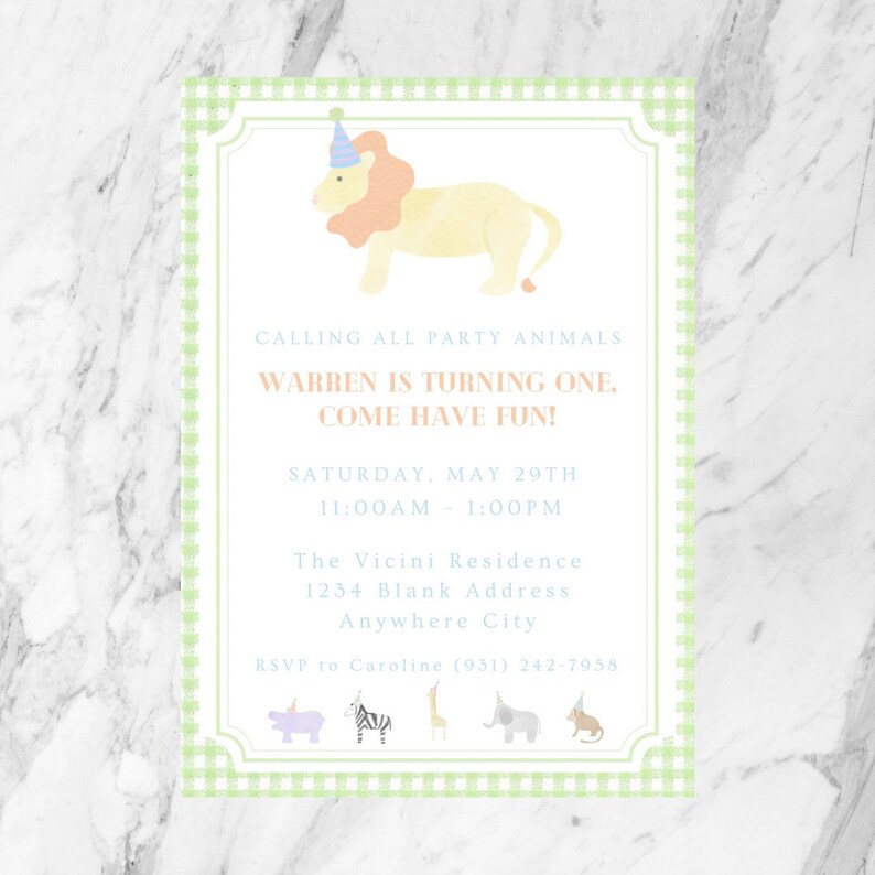 Party Animals Invitation / digital / printable / watercolor animals / wild one invitation / animals theme / lion theme / zoo birthday image 2