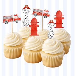 Firetruck Cupcake Toppers: Fireman Party Decorations, Set of 12