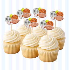 All-Star Sports Cupcake Toppers, Kids Birthday Party Printable, Soccer, Basketball & Football Party Decor
