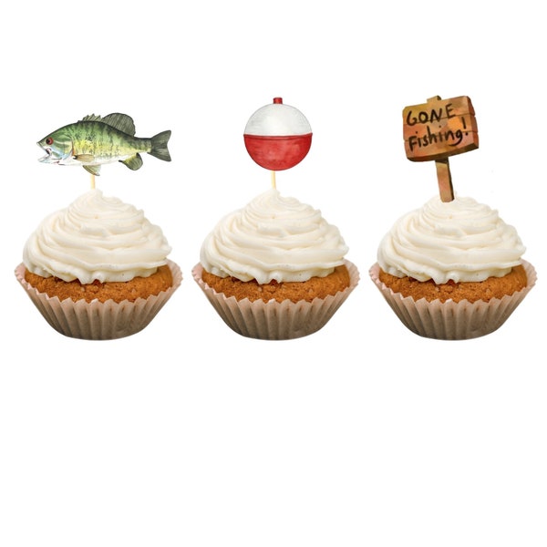 Gone fishing cupcake toppers, fishing party, fishing birthday, officially one, fishing party supplies, bass fish, bass fish cupcake toppers