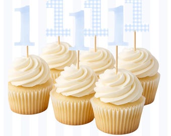 Blue Watercolor Gingham Cupcake Toppers, Printable Birthday Party Decor, Kids Party Toppers