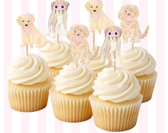 Watercolor pink Puppy Dog Cupcake Toppers, Printable Birthday Party Decorations, Kids Party Toppers, Instant Download