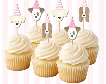 Watercolor pink Puppy Dog Cupcake Toppers, Printable Birthday Party Decorations, Kids Party Toppers, Instant Download